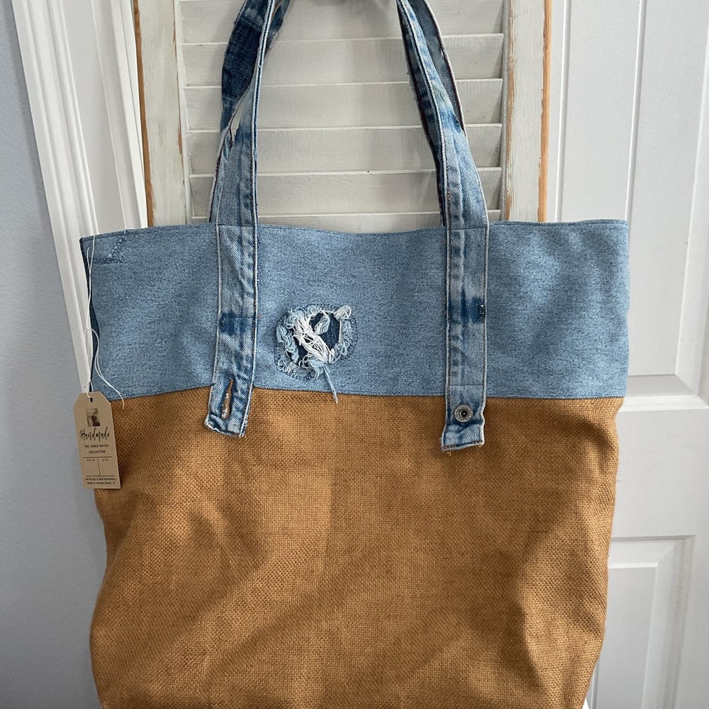 The Large Tote Denim and Tan Beach Bag - Picture 2 of 4